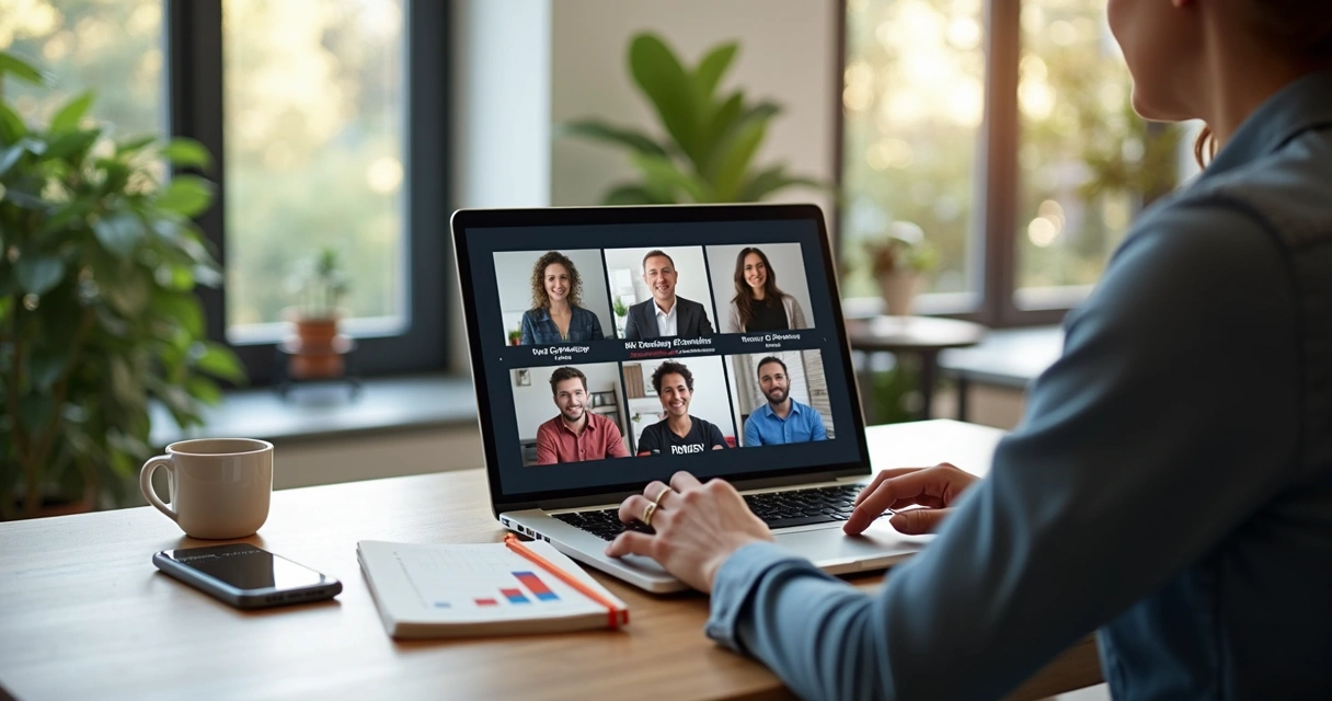Vendedor apresentando um produto digital de baixo custo em um laptop para clientes online 
