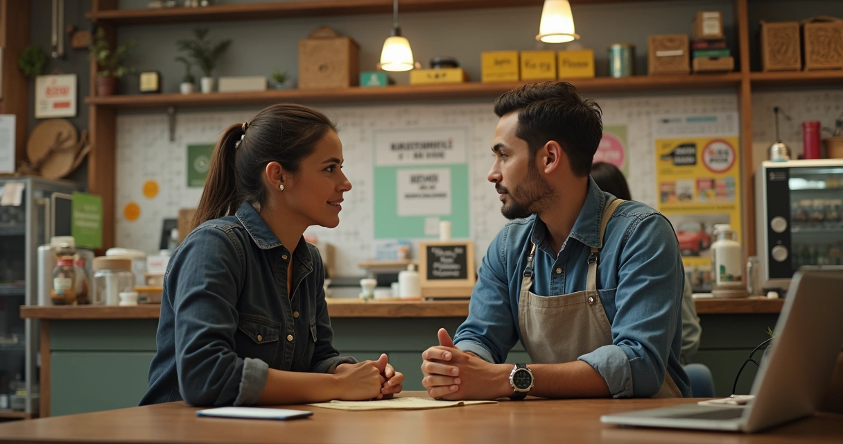 Vendedor atendendo cliente em balcão de pequena empresa 