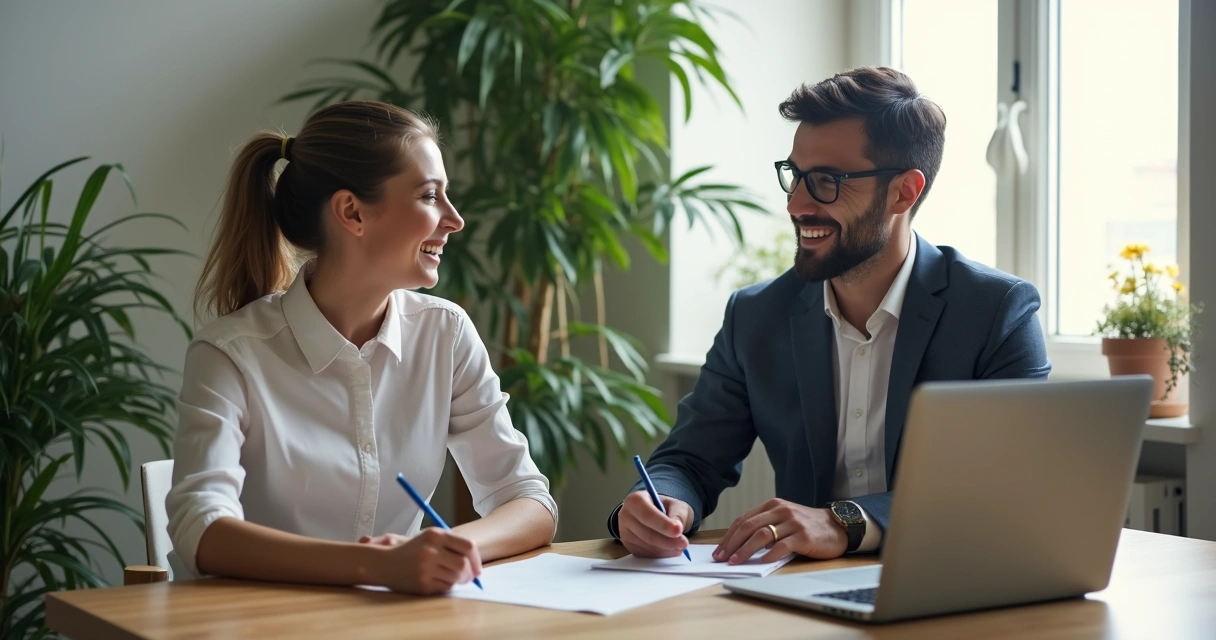 Pessoa de vendas conversando com cliente em uma mesa de escritório, ambos sorrindo
