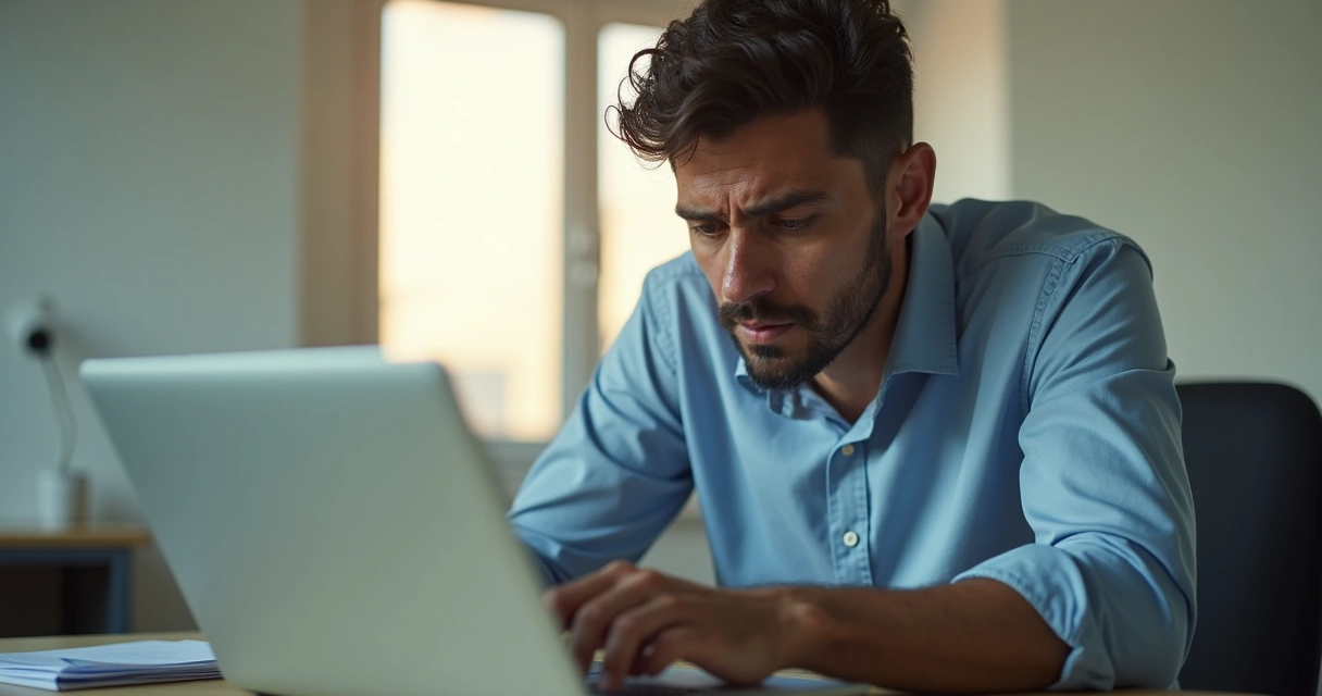 Empresário olhando e fechando o notebook, cansado após silêncio de proposta 