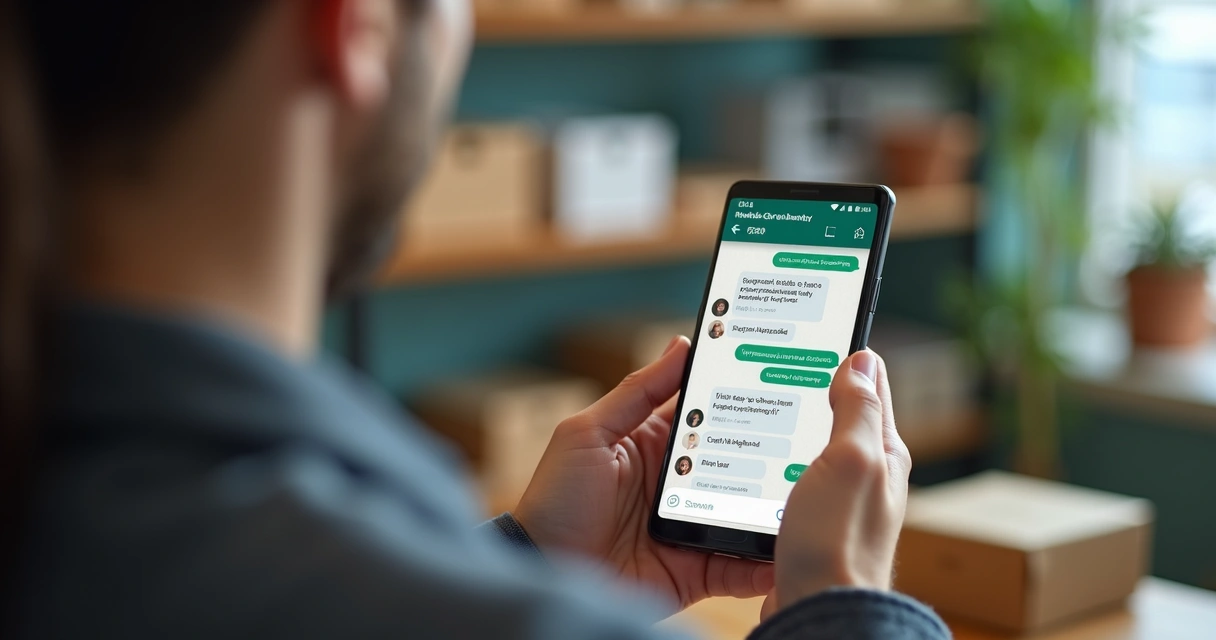 Vendedor usando CRM no celular enquanto manda mensagem no WhatsApp 