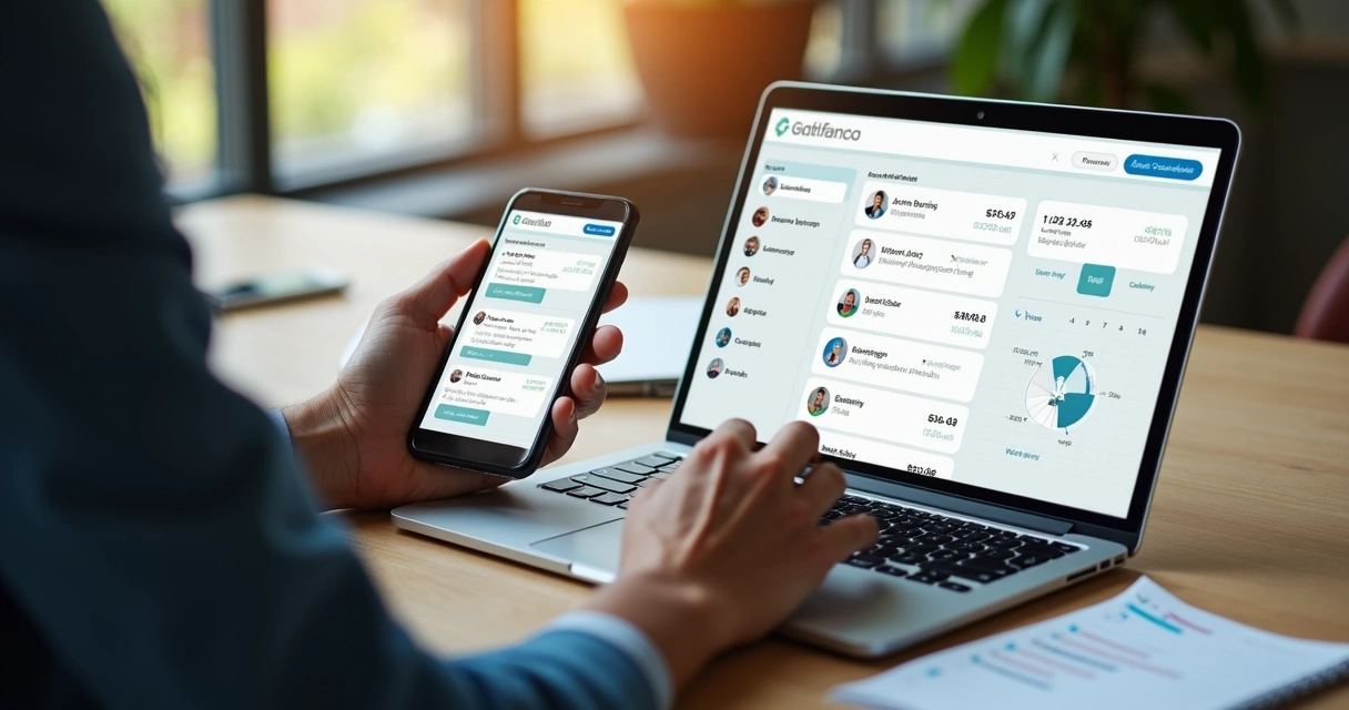 Pessoa revisando informações em computador e celular antes de reunião de vendas 