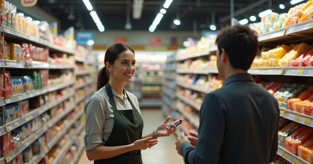 Vendedor proativo abordando cliente em corredor de supermercado, clima amistoso 