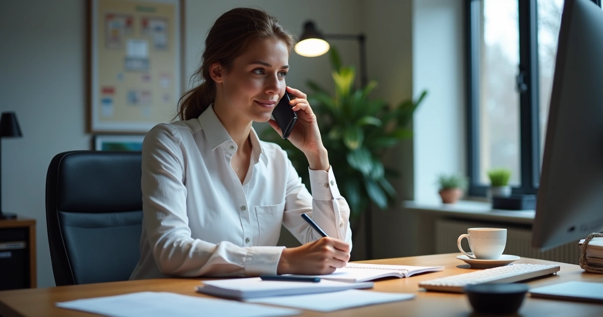 Vendedor fazendo anotações à mão enquanto fala ao telefone frente ao computador 
