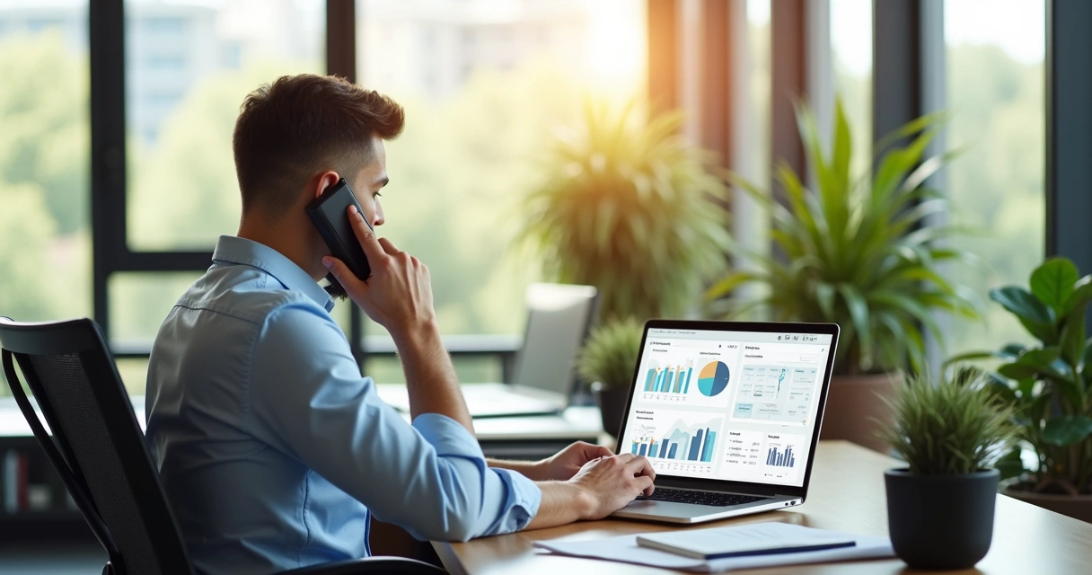 Profissional fazendo ligação de prospecção de vendas em escritório moderno 