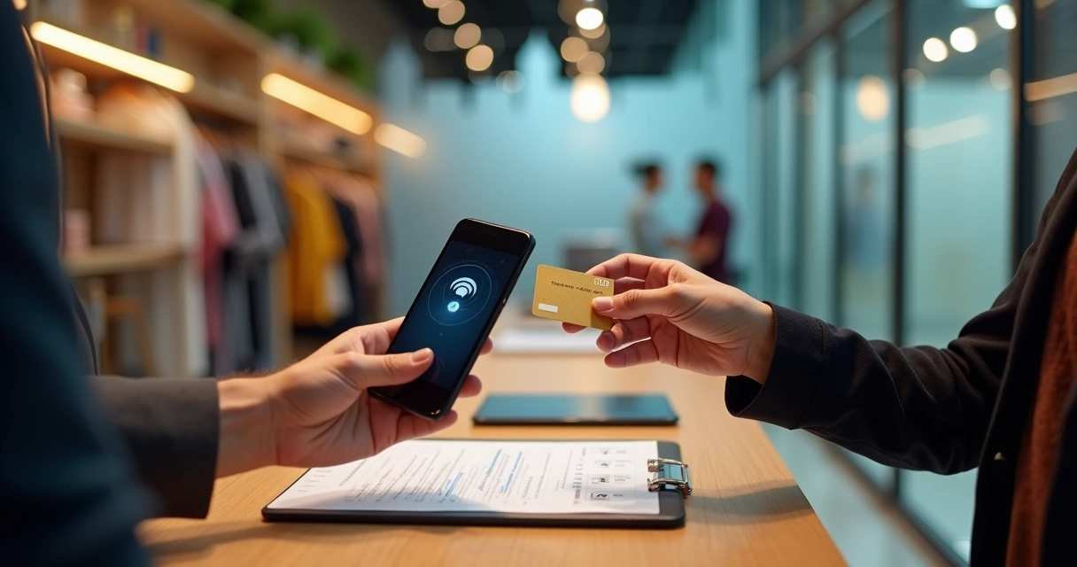 Vendedor aceitando pagamento por cartão de crédito em smartphone via aproximação 