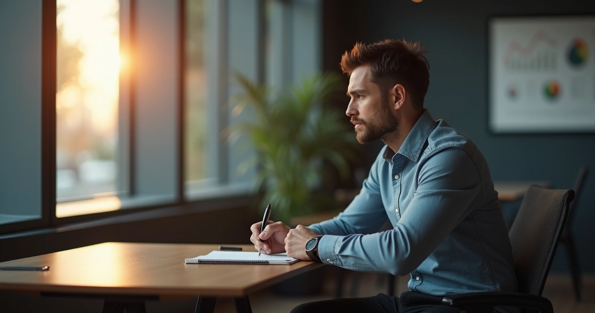 Vendedor sentado refletindo sobre suas emoções 