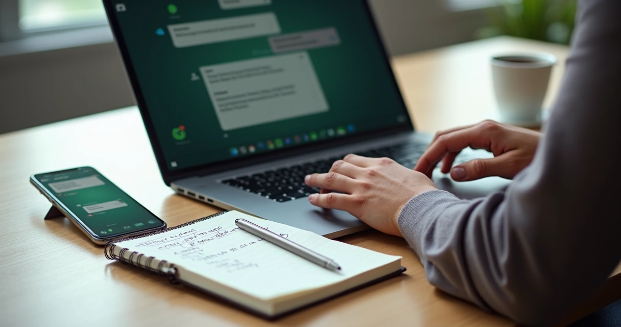 Pessoa digitando em um notebook com o WhatsApp Web aberto, anotando informações em planilha ao lado