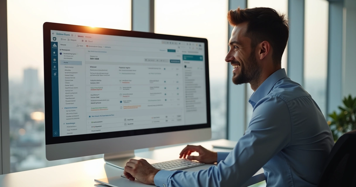 Vendedor satisfeito usando CRM no computador