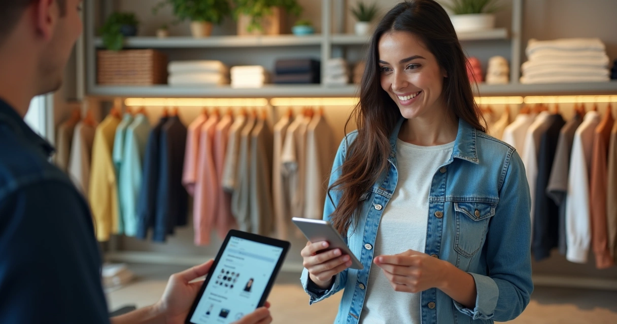 Vendedor usando smartphone em loja de roupas