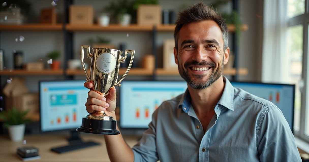 Vendedor sorrindo e segurando troféu de destaque 