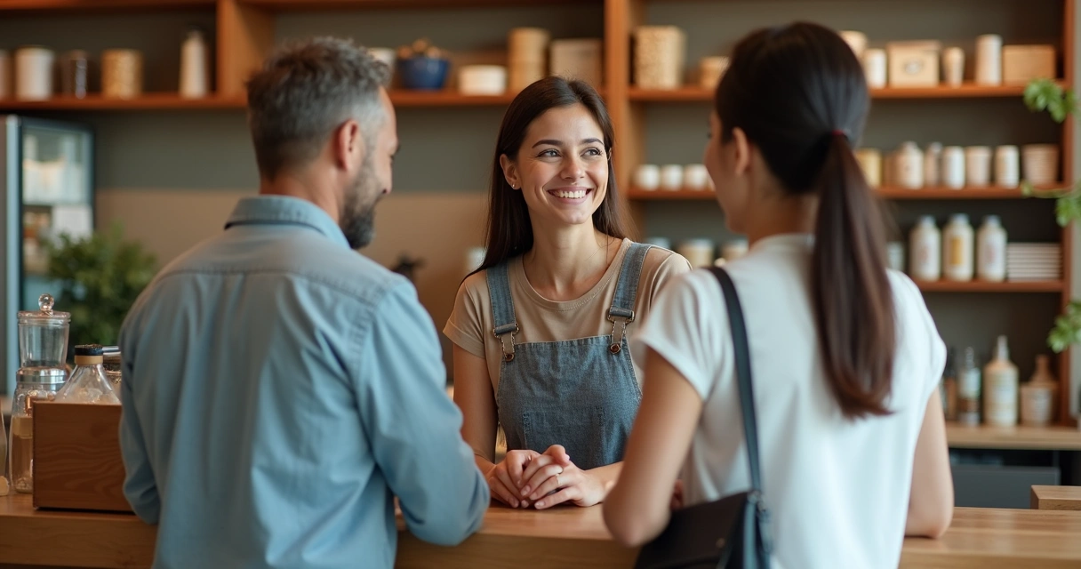 Vendedora pequena empresa sorrindo ao fazer sugestão para cliente 