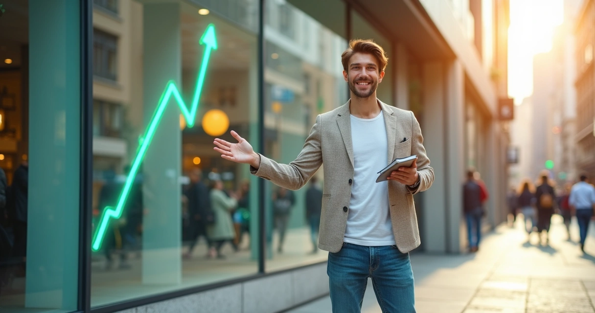Pessoa em pé diante de vitrine com gráfico de vendas em alta 