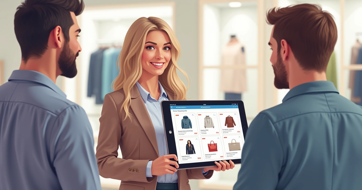 Vendedor mostrando catálogo digital em tablet para clientes