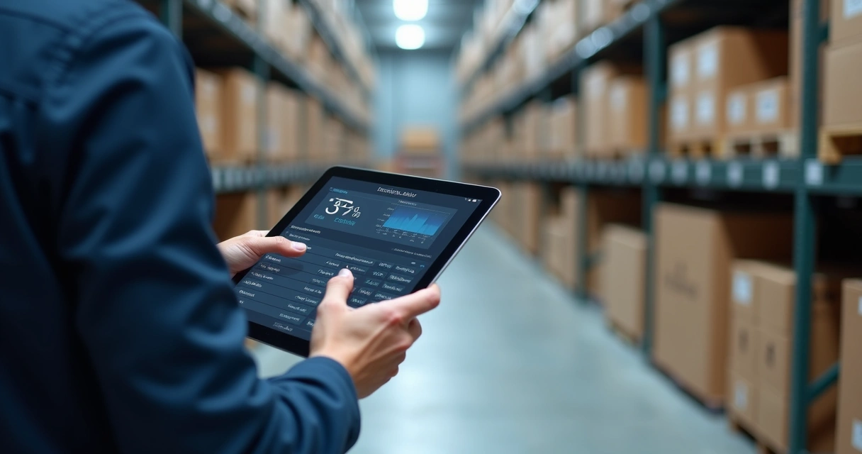 Vendedor usando tablet com dados de estoque em armazém