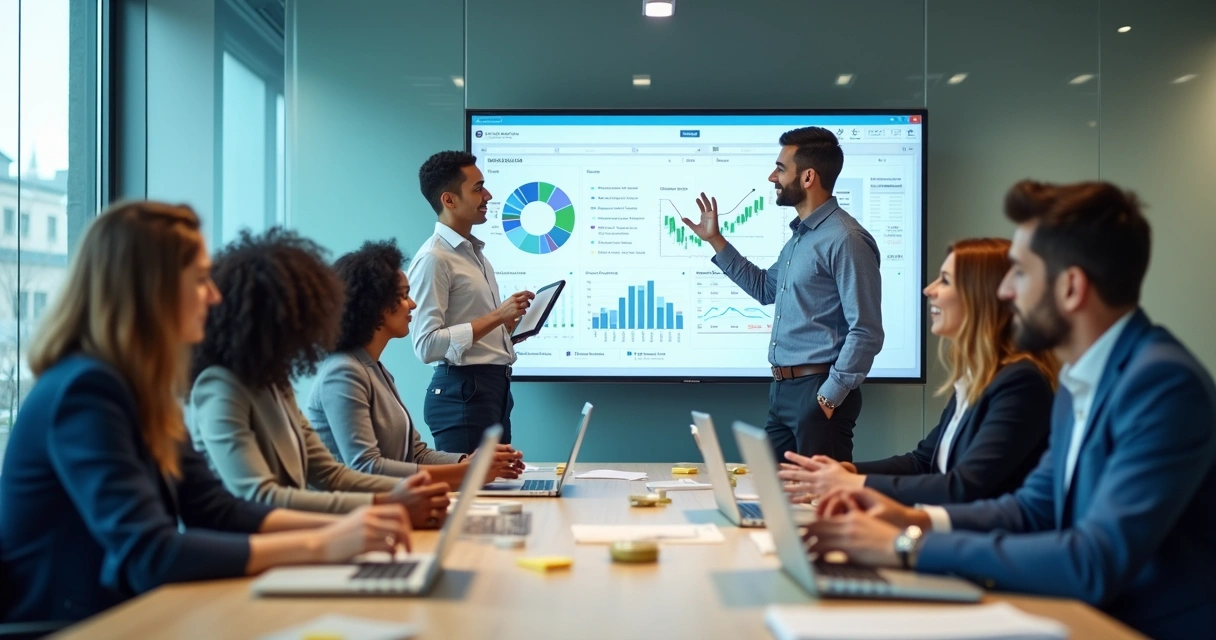 Vendedor analisando dados de vendas em painel de IA 