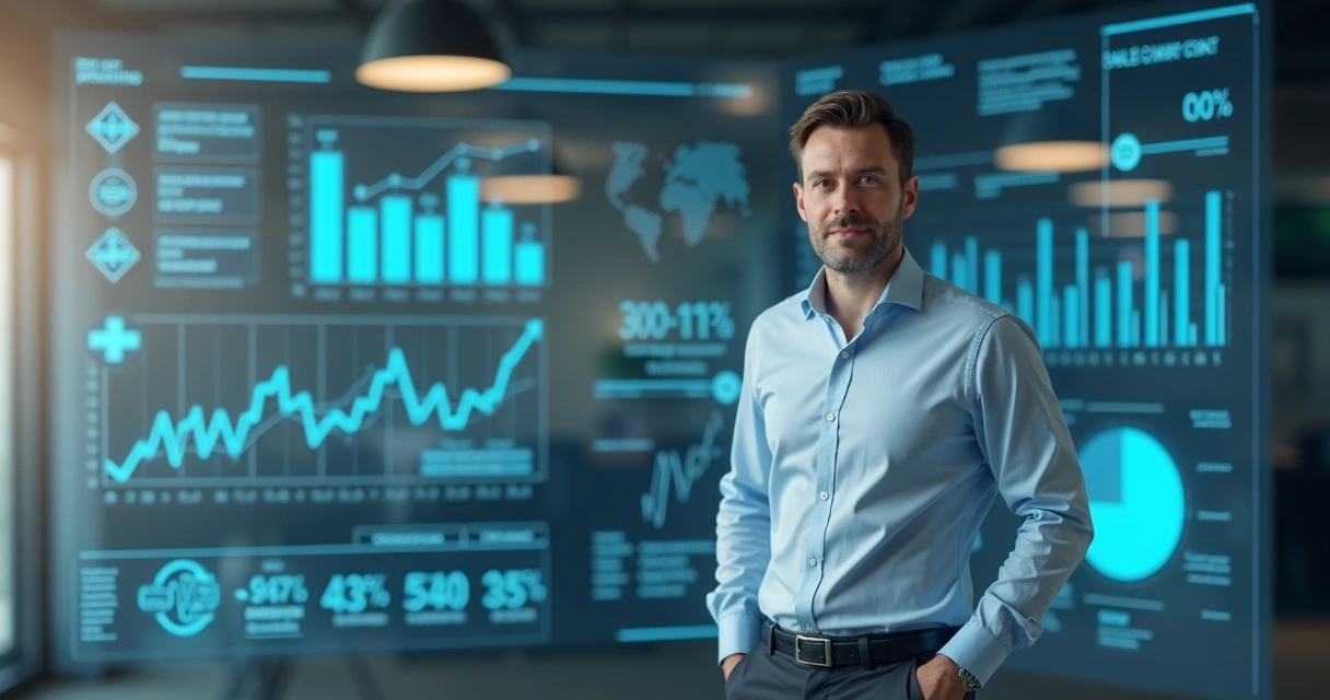 Vendedor humano usando tablet, rodeado por hologramas de gráficos e ícones digitais 