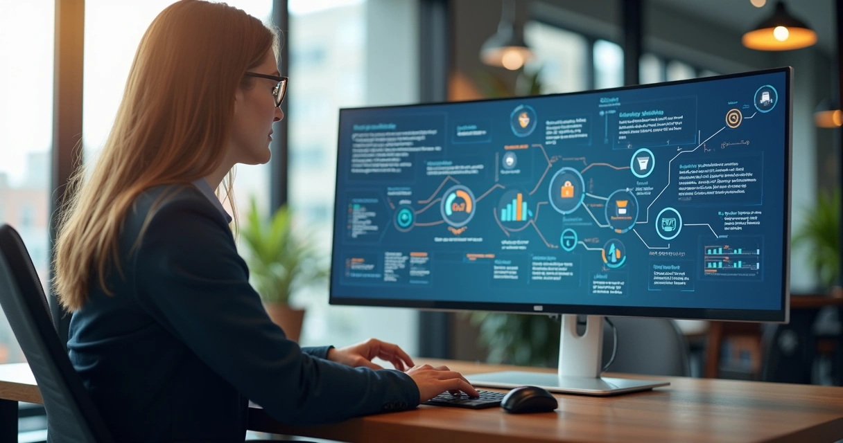 Profissional de vendas em frente ao computador conectando plataformas e visualizando pipeline de leads B2B 
