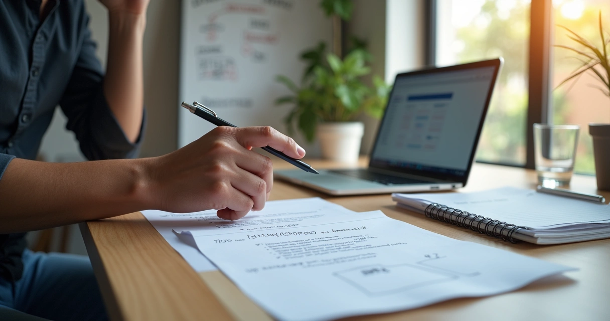 Vendedor fazendo ligacao com roteiro impresso e laptop sobre a mesa 