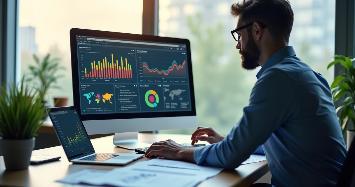 Profissional de vendas analisando dados empresariais em computador