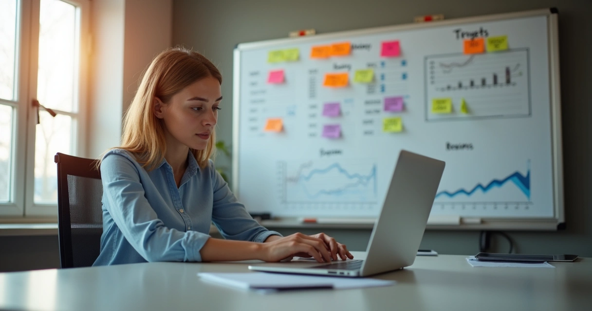 Vendedor em sala comercial com quadro de metas ao fundo, revisando no notebook sua meta de vendas 