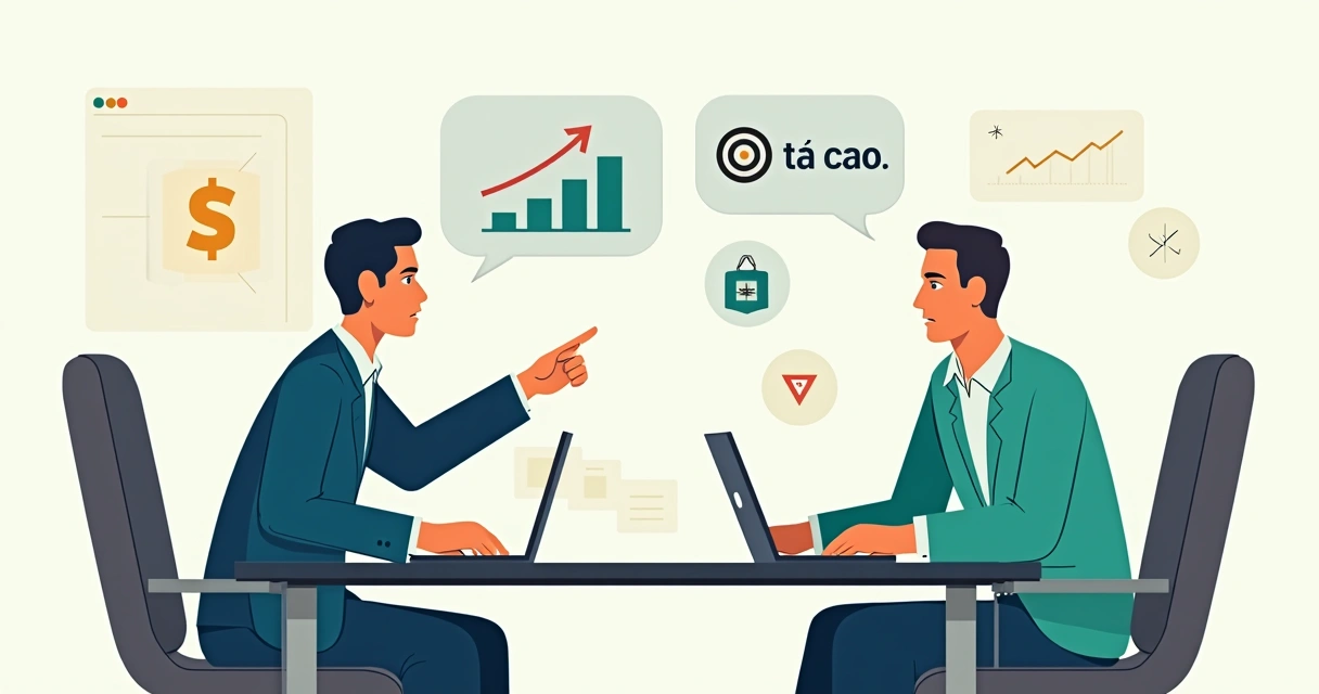 Vendedor negociando valor com cliente em frente a um gráfico de resultados 