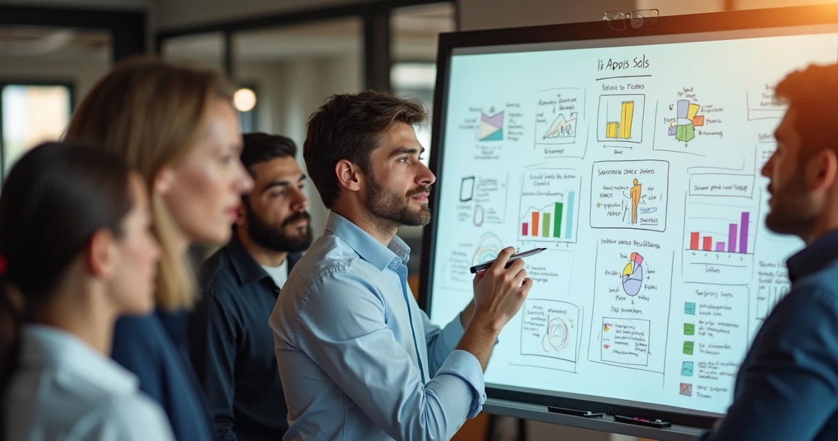 Homem apresentando quadro branco sobre oportunidades de vendas cruzadas a equipe de vendas. 