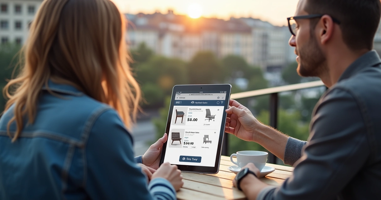 Vendedor mostrando catálogo digital para cliente em ambiente externo 