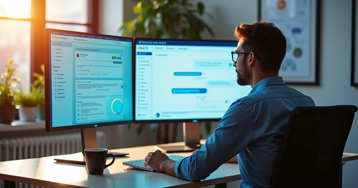 Vendedor utilizando computador com ChatGPT e CRM aberto na tela 