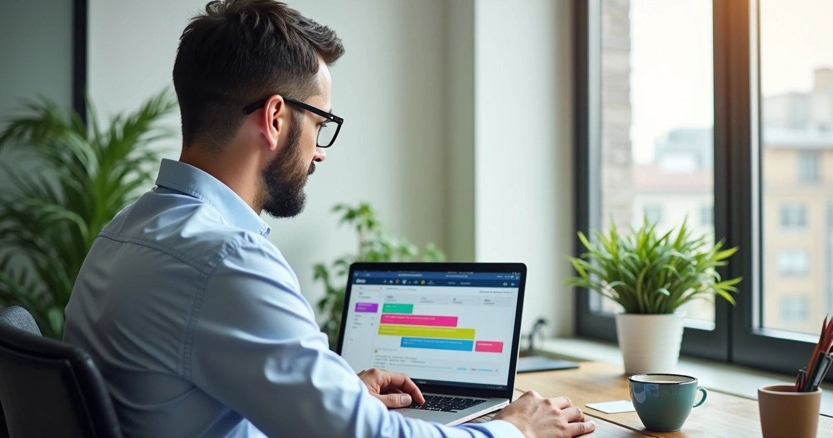 Vendedor consultando CRM em laptop no escritório