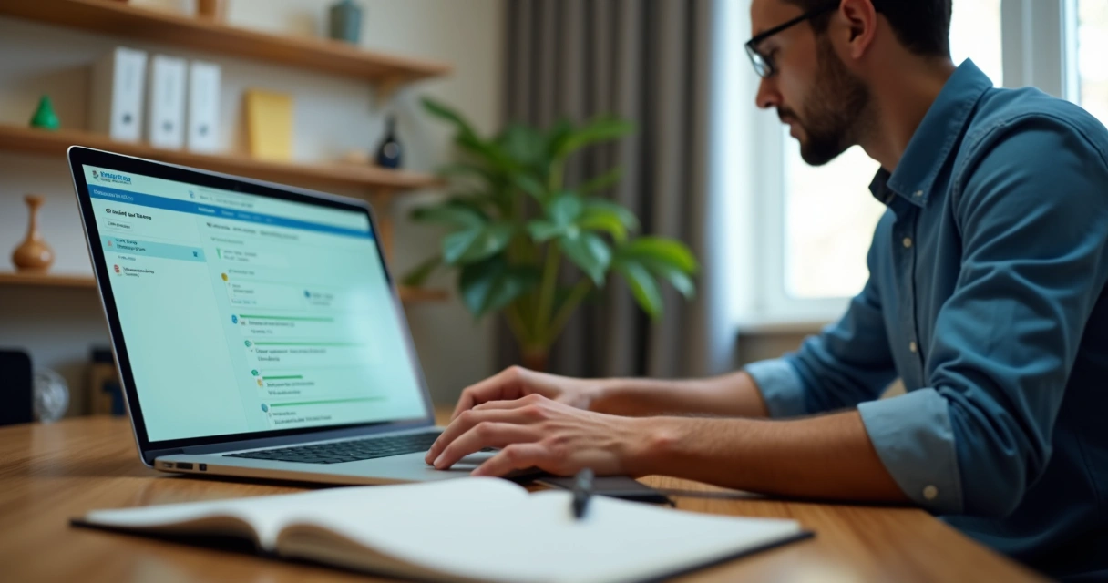 Vendedor atualizando CRM com lembretes de follow-up em notebook e caderno 