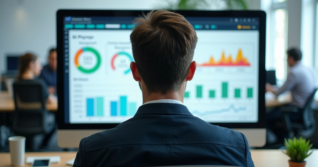 Profissional de vendas analisando dashboard de IA em computador 