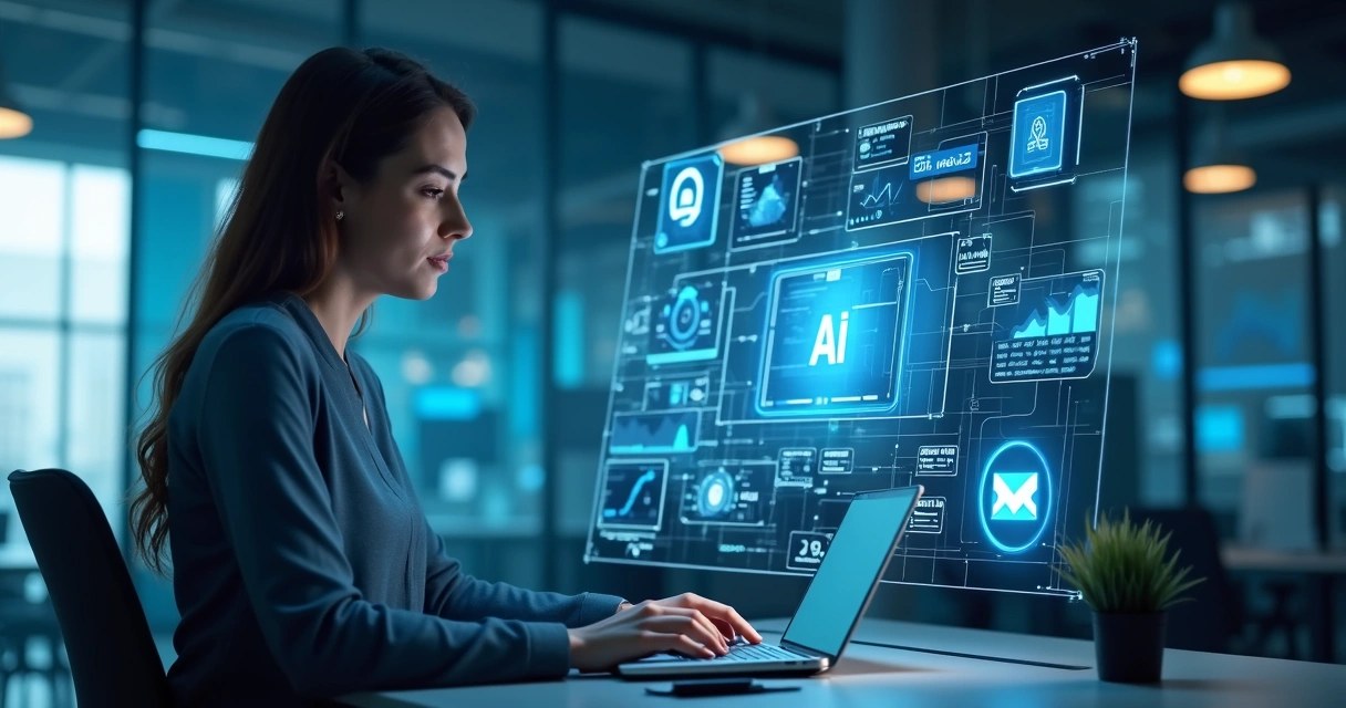 Vendedor utilizando várias ferramentas de inteligência artificial em tela digital com gráficos e diagramas de vendas ao fundo 