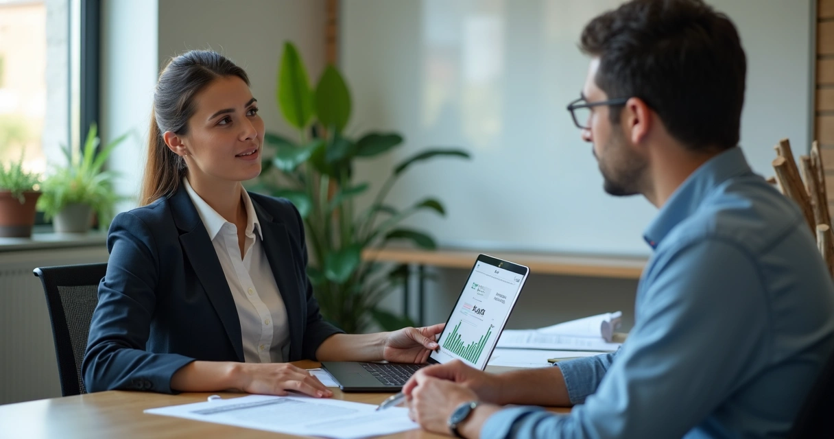Vendedor usando kit de vendas durante negociação com empresário 
