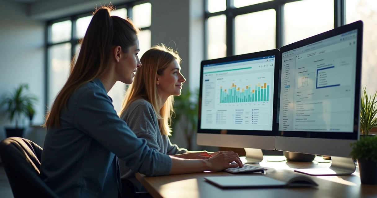 Vendedor testa nova ferramenta no computador ao lado do gestor 