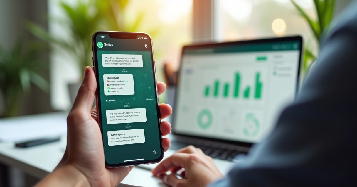 Pessoa usando celular para vender no WhatsApp com interface de automação em tela 
