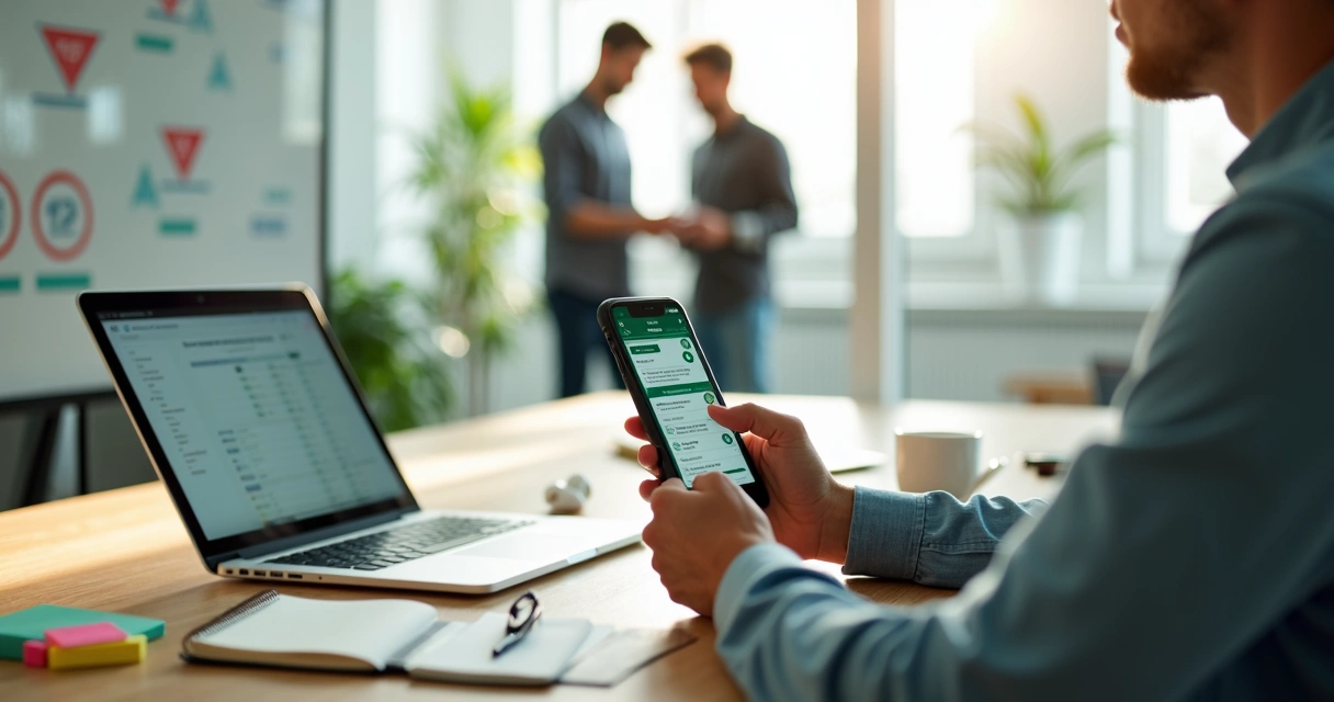 Profissional de vendas usando WhatsApp no smartphone em mesa com materiais comerciais 