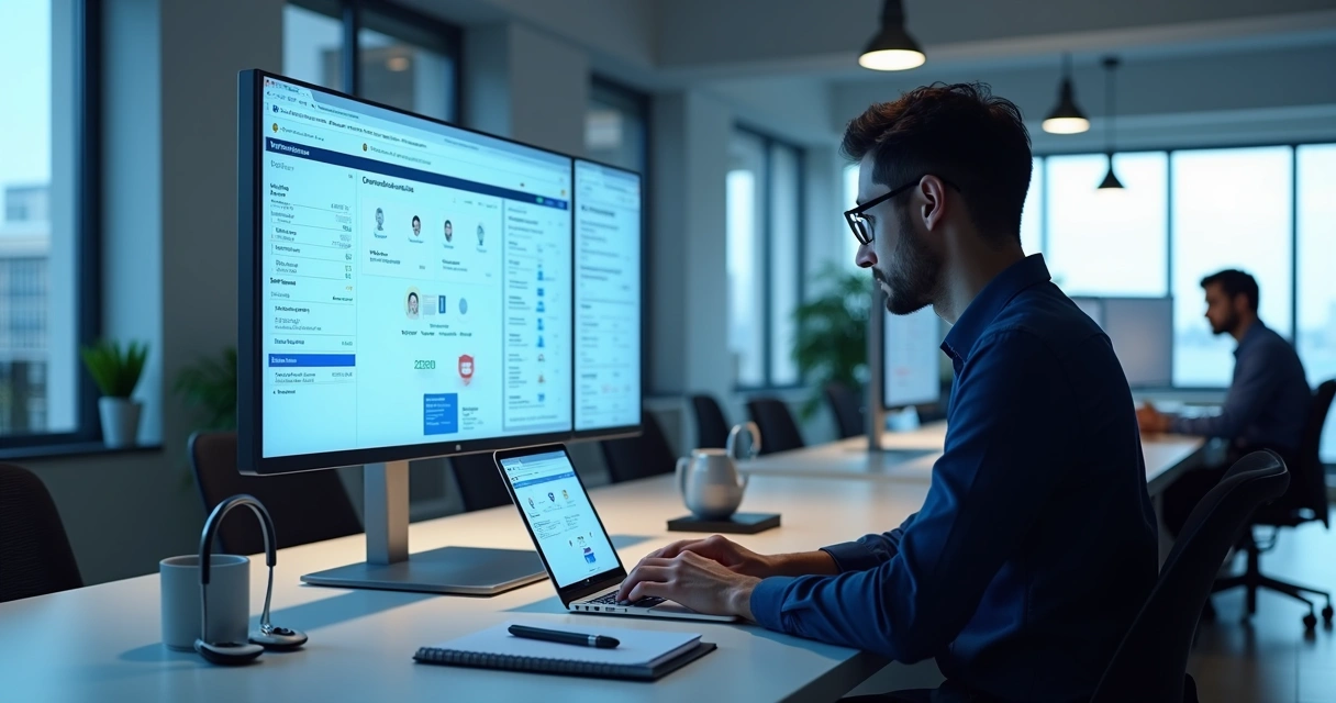 Vendedor usando ChatGPT integrado ao CRM em escritório moderno com múltiplas telas mostrando dados e gráficos 