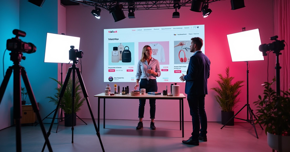 Vendedor em estúdio moderno apresentando produtos de beleza e eletrônicos para live no TikTok Shop 