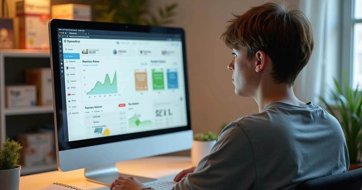 Vendedor olhando para tela do computador com dashboard de lucro do Oquesobra e dados detalhados