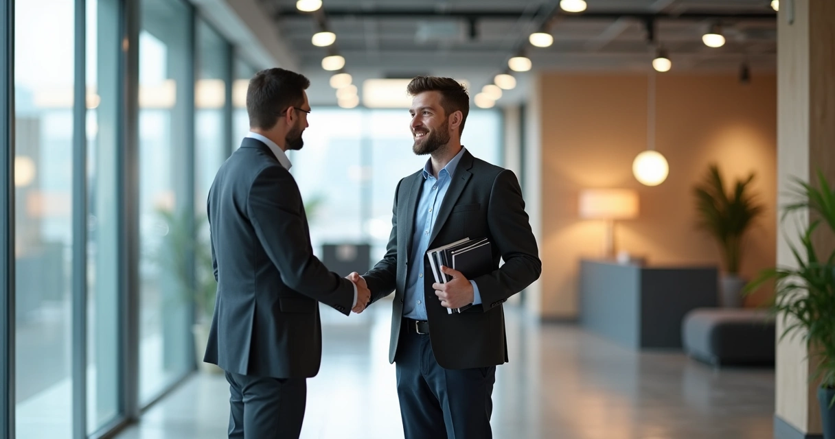 Vendedor autônomo conversando com cliente em ambiente empresarial 