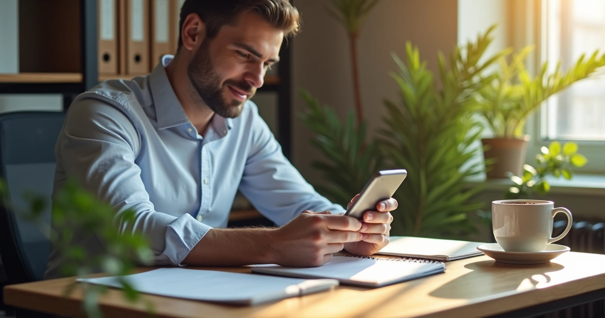 Vendedor usando WhatsApp no celular na mesa de trabalho