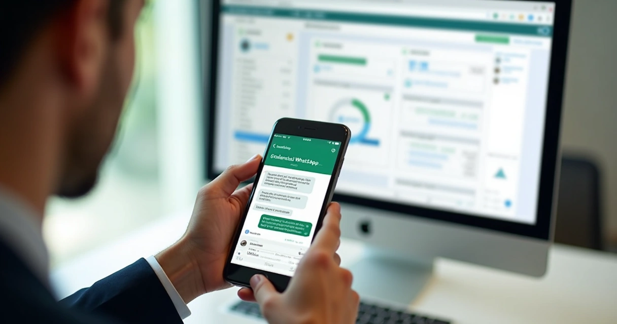 Profissional usando WhatsApp no celular com painel comercial ao fundo 