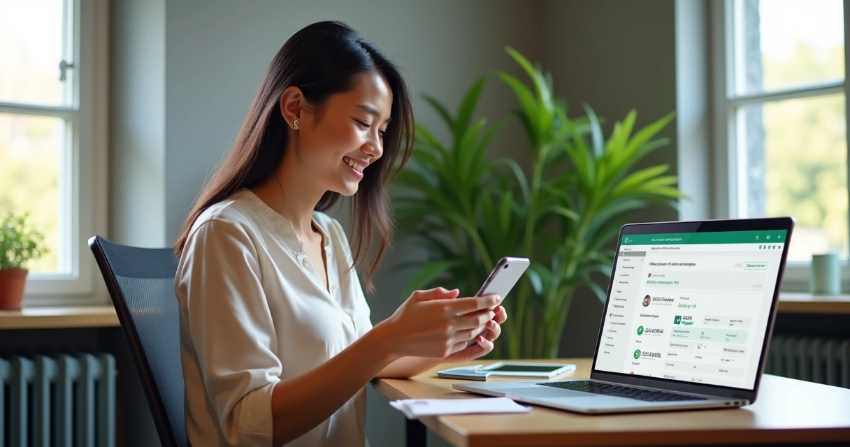 Vendedor usando celular com WhatsApp aberto ao lado de tela de CRM simples em laptop 