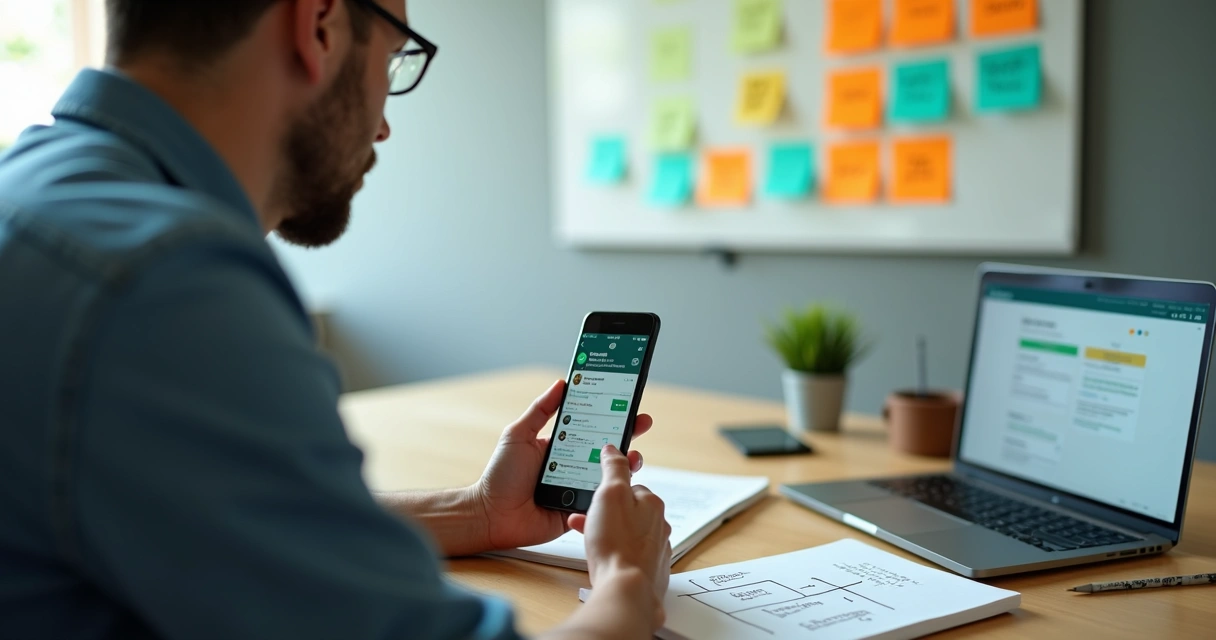 Vendedor de pequena empresa usando WhatsApp em mesa organizada com quadro de processo ao fundo 