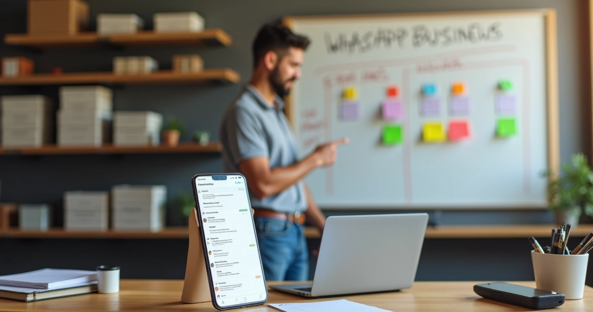 Vendedor de pequena empresa usando WhatsApp em frente a quadro simples com funil de vendas. 