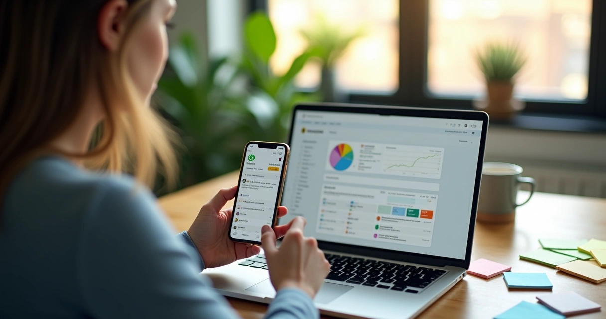 Vendedor digitando mensagem no WhatsApp em seu celular com tela do CRM aberta no notebook ao lado, ambiente de escritório moderno