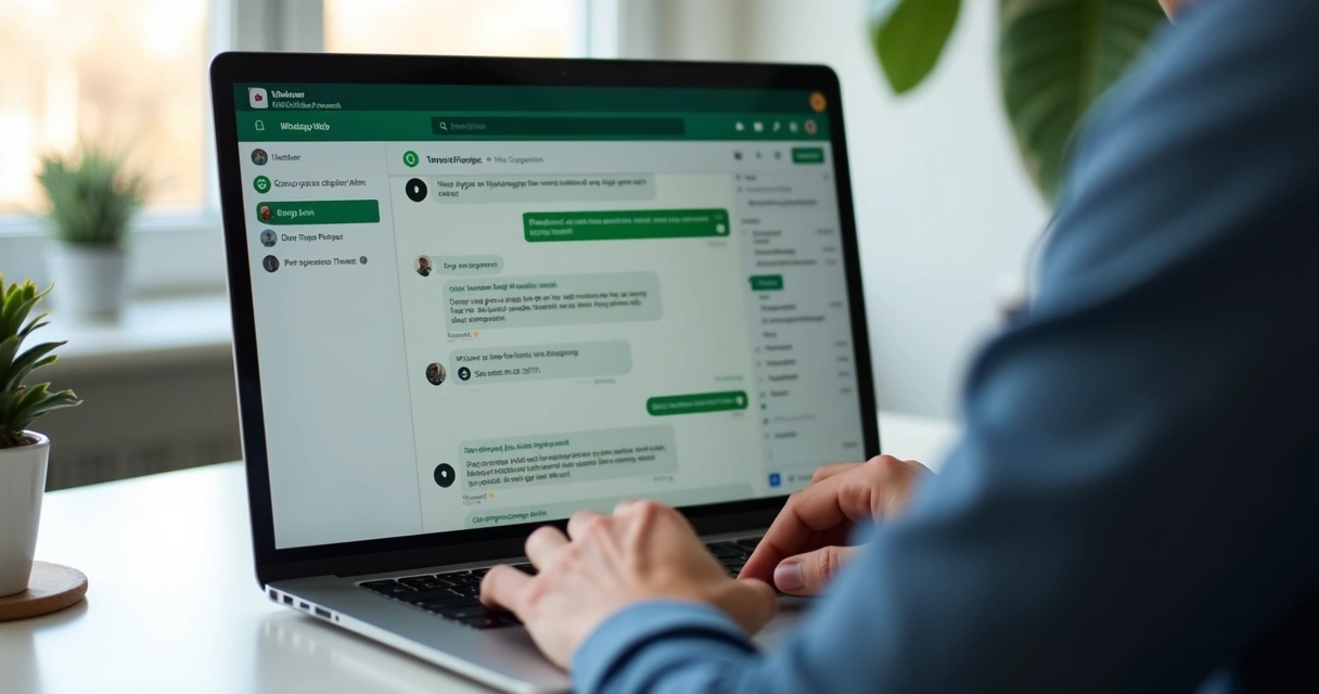 Vendedor digitando mensagem rápida no WhatsApp Web em um notebook 