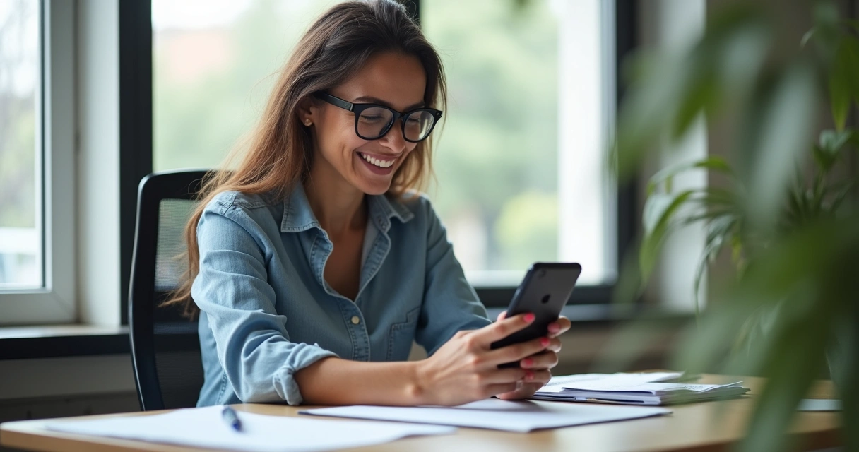 Vendedora sorrindo enquanto registra informações de cliente no CRM pelo celular
