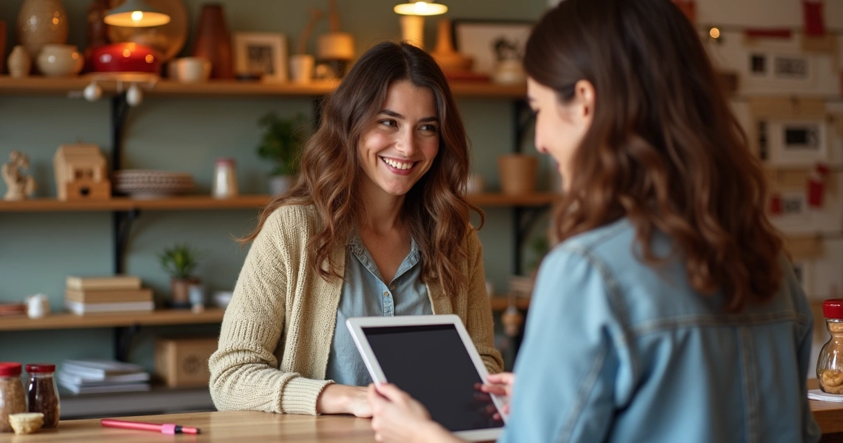 Vendedora artesanal exibindo catálogo digital na loja 
